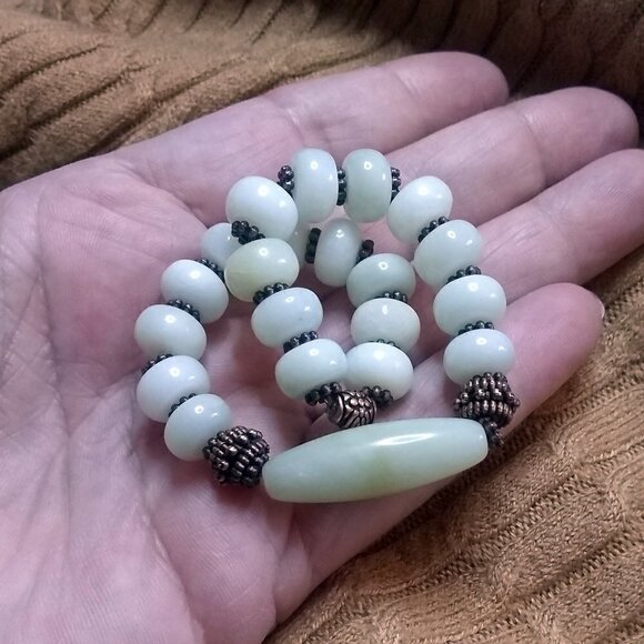 Palest Green Jade Bracelet - Barrel Bead + Rondelles + Copper Spacers 7-7.5" - Picture 6 of 7